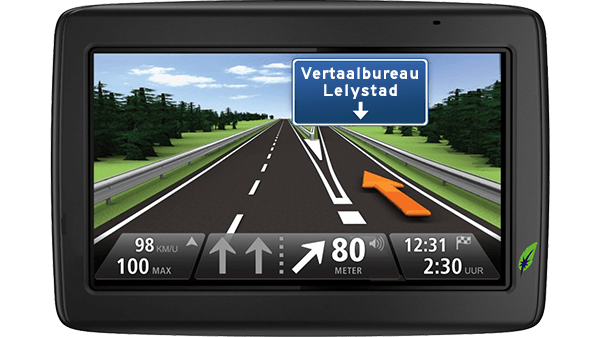 Screenshot navigatiesysteem met tekst Vertaalbureau Lelystad aangegeven - in kleur op transparante achtergrond - 600 * 337 pixels